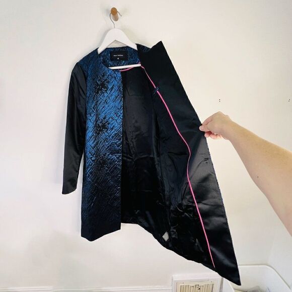 Pink Tartan Metallic Blue Collarless Jacquard Swing Coat - Picture 3 of 8